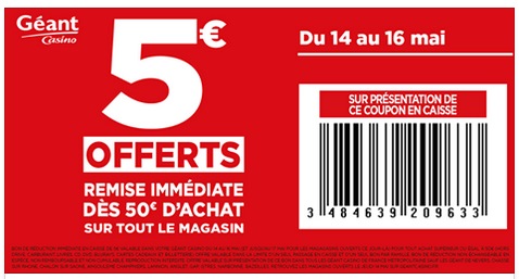 5€ offerts dès 50€ d'achat chez Géant Casino