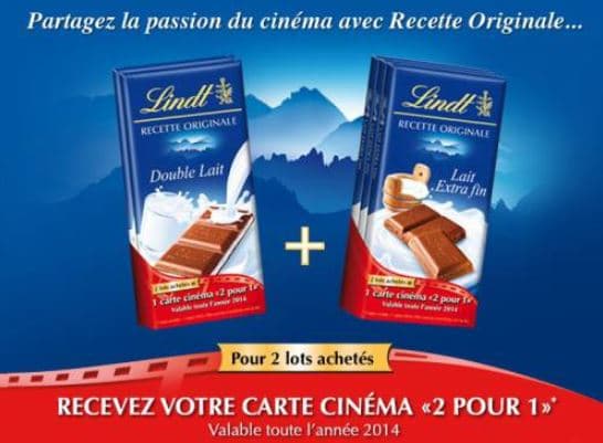 lindt chocolat carte cinéma 2 pour 1 offerte