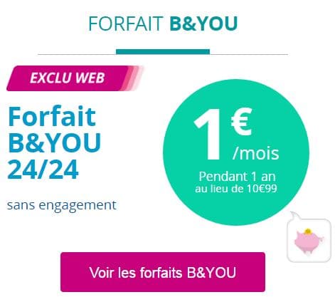 Bouygues : Forfait B&You 24/24 à 1€/mois Sans Engagement