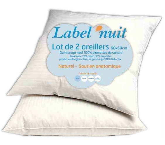 2 oreillers Plumette Canard Label Nuit à 9,99 € chez Auchan