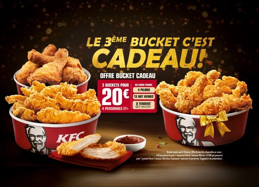 3 buckets pour 20 € au lieu de 30 € chez KFC