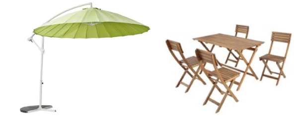 Le parasol excentré à 34,95 € et le set jardin 5 pièces à 64,95 € dans le cadre des soldes d’été Carrefour