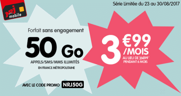 Forfait NRJ mobile sans engagement 50 Go à 3,99 € par mois pendant 6 mois avec Showroomprive