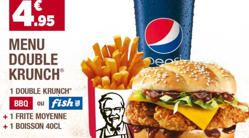 Le menu Double Krunch avec burger + moyenne frite + boisson à 4,95 € chez KFC