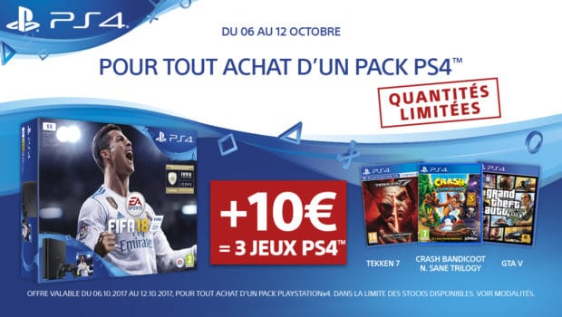La PS4 500 Go avec Tekken 7, GTA V, Crash Bandicoot n.sane Trilogy et Fifa 18 à 309,99 € chez Auchan