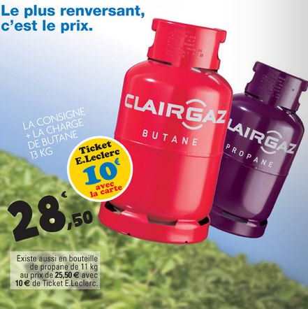 Bouteille de gaz Clairgaz + consigne à 28,50 € avec 10 € sur la carte de fidélité chez Leclerc