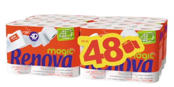 48 rouleaux de papier toilette Renova Magic 4D à moins de 5,50 € chez Auchan