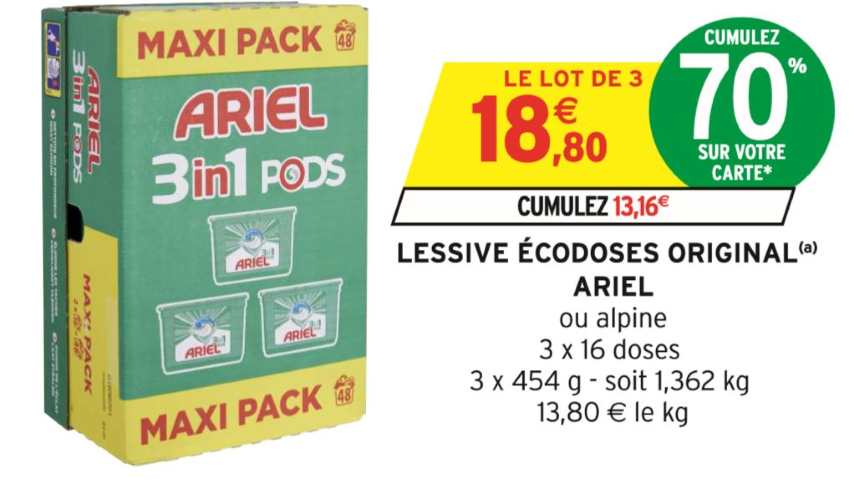 Maxi pack Ariel 48 dosettes de lessive 3en1 Pods à 5,64 € chez Intermarché avec la carte de fidélité
