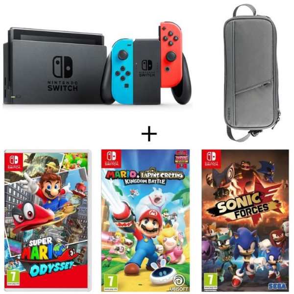 Le pack Nintendo Switch Néon avec 3 jeux (Super Mario Odyssey, Mario + The Lapins Crétins Kindgom + Sonic Forces) et 1 sacoche à 379,99 € sur Cdiscount