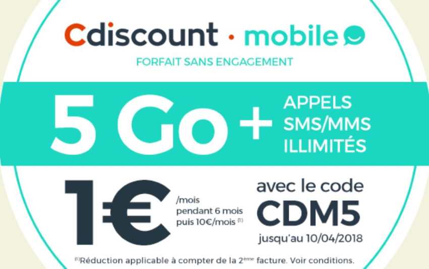 Appels, SMS et MMS illimités + 5 Go d’Internet 4G à 1 € par mois pendant 6 mois avec Cdiscount Mobile