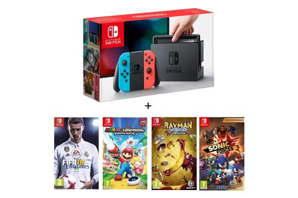 Console Nintendo Switch + Fifa 18 + Mario Lapin Crétin + Rayman Legends + Sonic Forces à 364,99 € sur Auchan