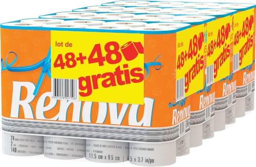 96 rouleaux de papier toilette Renova (48 + 48 gratuits) à 15,49 € chez Auchan