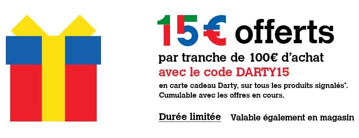15 € offerts en carte cadeau par tranche de 100 € d’achats chez Darty 