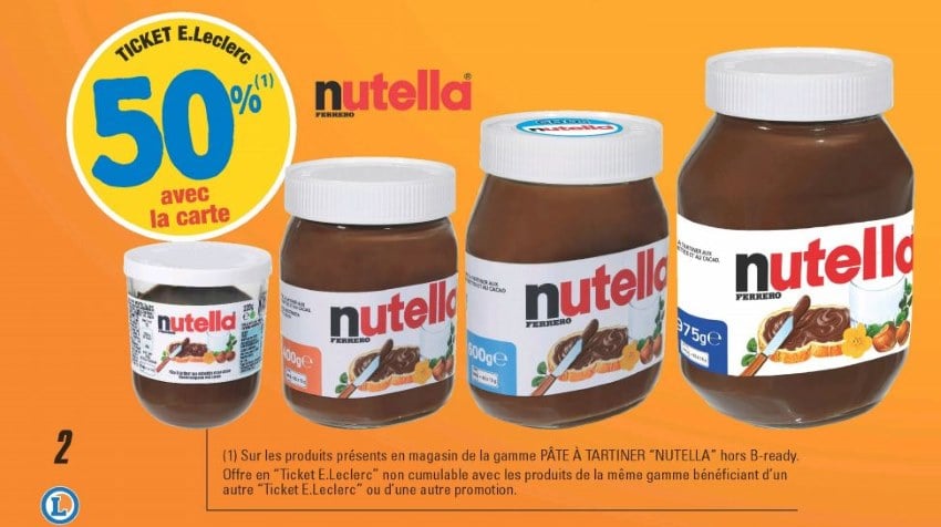 50 % de remise fidélité sur les pâtes à tartiner Nutella chez Leclerc