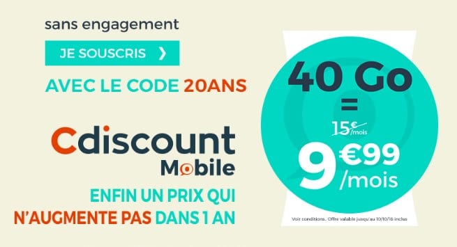 Cdiscount 20 Ans : Forfait Mobile 40Go à 9,99€ / Mois Sans Engagement à Vie