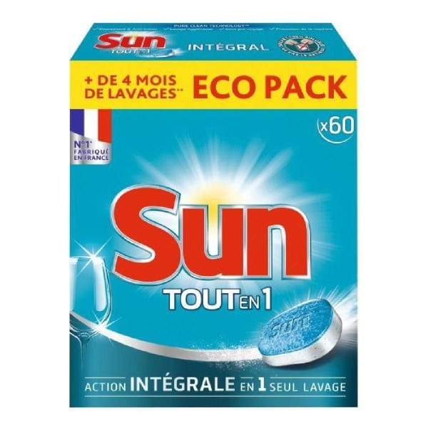 60 tablettes Sun pour lave-vaisselle tout en un à 1,74 € via remise fidélité chez Carrefour