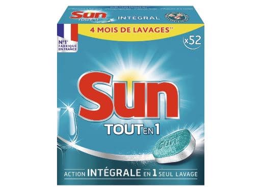 Boîte de 52 tablettes lave-vaisselle Sun tout en 1 à 2,95 € via remise fidélité chez Auchan