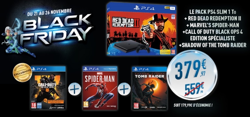 Black Friday Micromania : Pack PS4 Slim 1To + Red Dead Redemption II + Marvel’s Spider-man + Call of duty black OPS 4 Edition Spécialiste + Shadow Of the Tom Raider à 379,97 €
