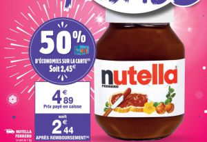 Le pot de 1 kg de Nutella est à 2,44 € grâce à une remise fidélité de 50 % chez Carrefour Market