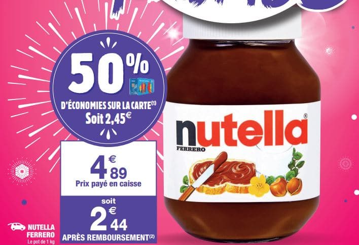 Le pot de 1 kg de Nutella est à 2,44 € grâce à une remise fidélité de 50 % chez Carrefour Market