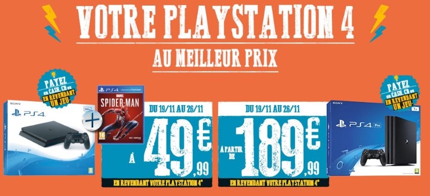 PS4 Slim + Marvel’s Spider Man à 49,99 € ou PS4 pro à 199,99 € en revendant votre PS4 chez Micromania