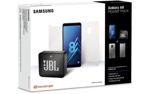 Pack Samsung Galaxy A8 + coque + verre trempé + enceinte JBL à 249 € via ODR chez Boulanger