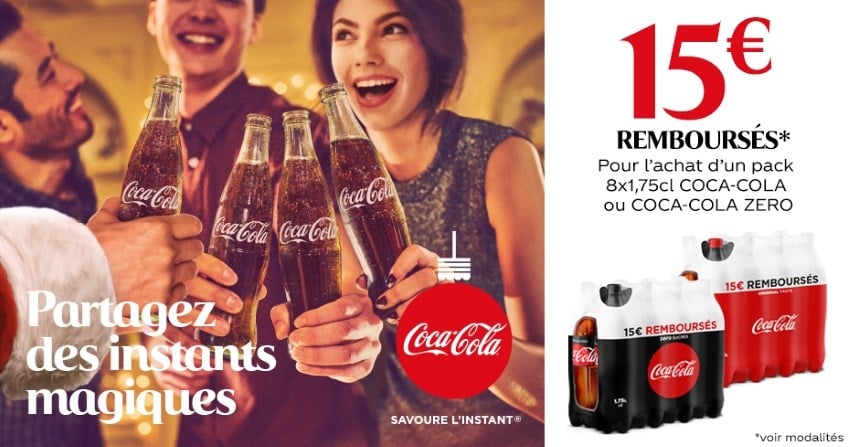 15 € remboursés en bons de réduction pour l’achat d’un pack de 8 bouteilles de 1,75 L de Coca Cola ou Coca Cola Zéro