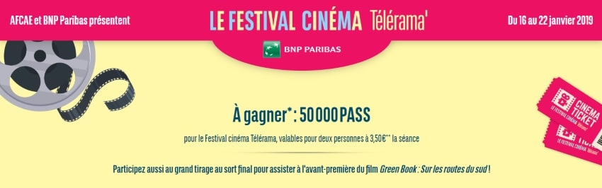 50 000 pass à gagner dans le cadre du Festival du cinéma Télérama BNP Paribas