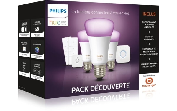 Pack Philips Hue 3 ampoules + pont de connexion + 2 télécommandes + détecteur de mouvements à 169,99 € chez Boulanger