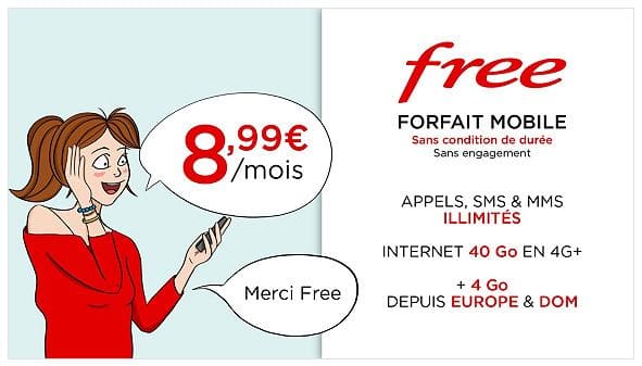 Vente privée forfait Free Mobile 40Go à 8,99 € / mois sans engagement à vie