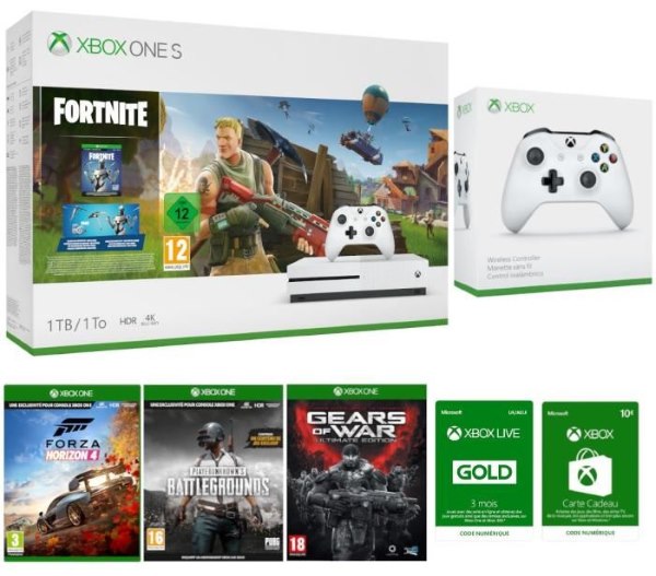 Xbox One S 1 to Fortnite + 2e manette + 3 jeux + 3 mois Xbox Live + carte cadeau à 299,99 € sur Cdiscount
