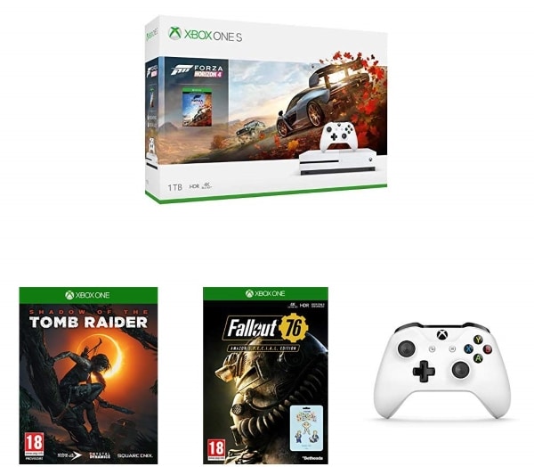 Pack Xbox One S Forza Horizon + Tomb Raider + Fallout 76 + 2e manette + 4 jeux dématérialisés à 249,99 €