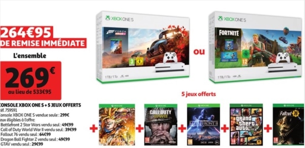 Xbox One S avec 1 jeu + 5 jeux offerts à 269 € chez Auchan