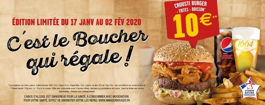 Menu Burger + frites + boisson à 10 € dans les restaurants La Boucherie