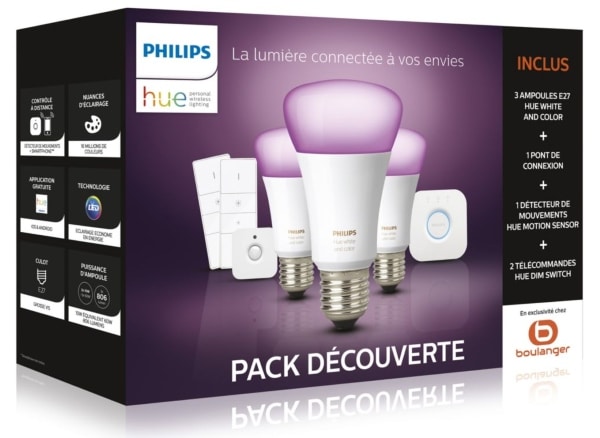 Pack découverte Philips Hue avec 3 ampoules, un pont, un détecteur de mouvements et 2 télécommandes à 169,99 € sur Boulanger