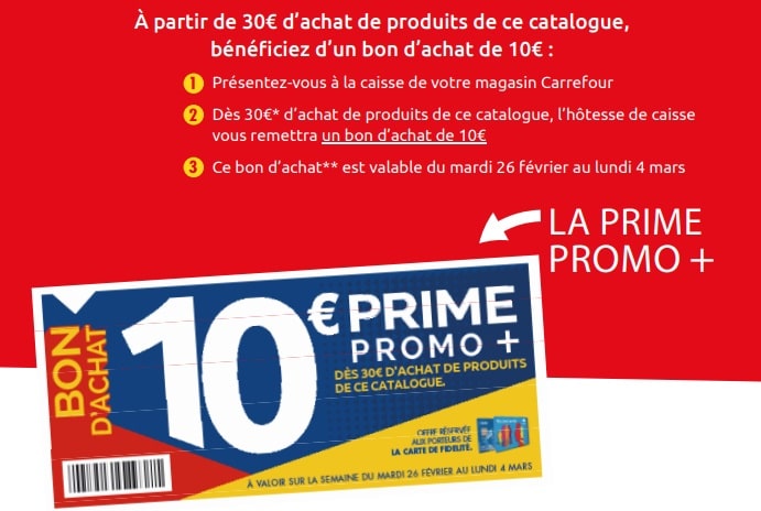 Bon d’achat de 10 € offert dès 30 € dépensés en produits catalogue chez Carrefour