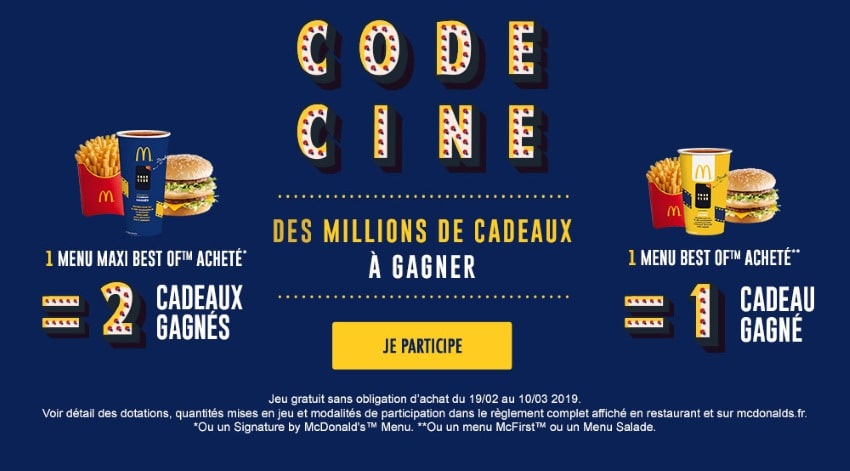 Mcdo Code Ciné 100 Gagnant Cadeaux Cinéma Et Vod En Jeu