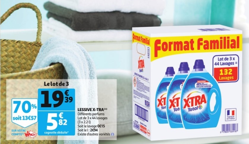 Lot de 3 bidons de lessive X-Tra (3 x 44 lavages) à 5,82 € via remise fidélité chez Auchan