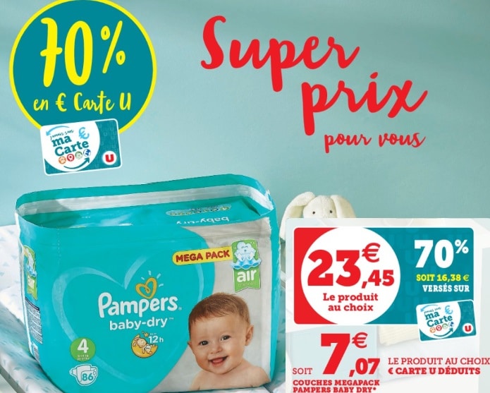 Mégapack de couches Pampers Baby Dry à 7,07 € via remise fidélité chez Super U
