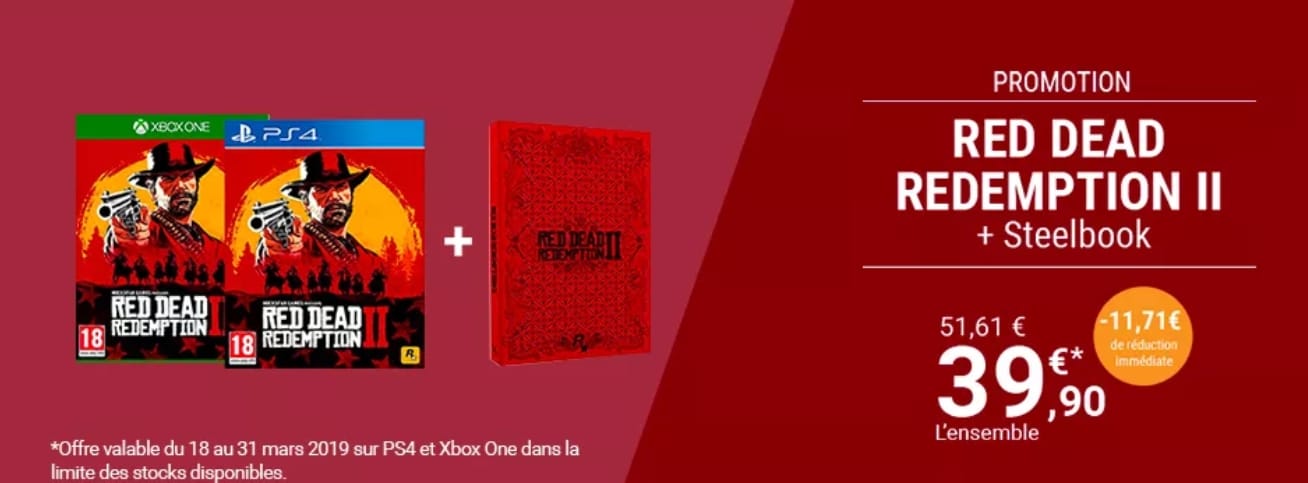 Red Dead Redemption 2 + Steelbook à 39,90 € dans les espaces culturels Leclerc
