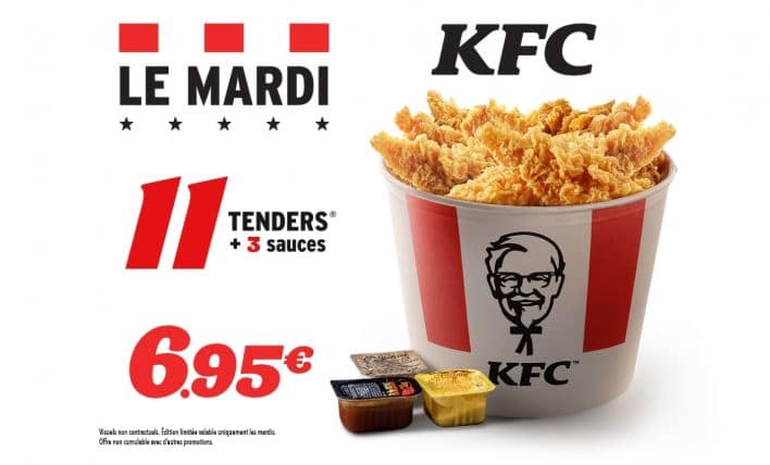 Offre KFC Mardi : 11 tenders + 3 sauces à 6.95 €