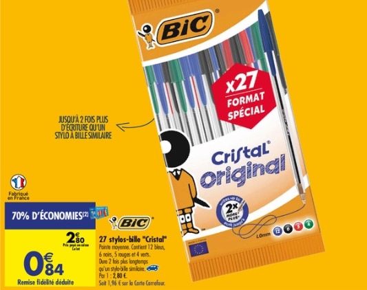 27 stylos-bille Cristal BIC à 0,84 € via remise fidélité chez Carrefour