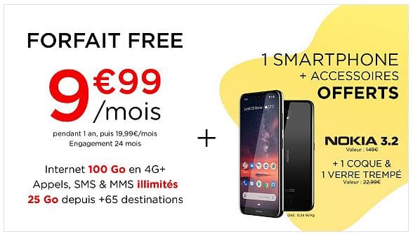 Vente privée sur le forfait Free Mobile 100 Go à 9,99 € par mois + Nokia 3.2 + coque + verre trempé offerts