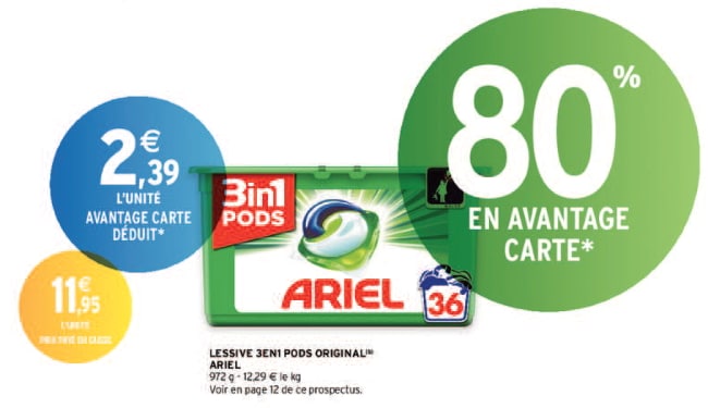 36 pods 3-en-1 Ariel à 2,39 € chez Intermarché avec les avantages carte