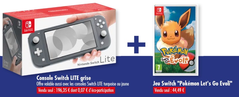 Console Nintendo Switch Lite + Jeu « Pokémon Let’s Go Evoli » à 195,84 € avec la carte Carrefour