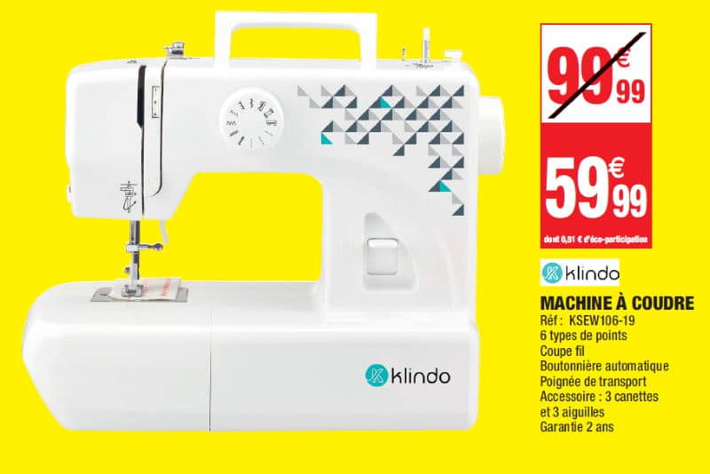 La machine à coudre Klindo est à 59,99 € au lieu de 99,99 € dans les Carrefour Market