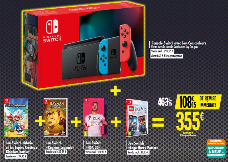 La console Nintendo Switch avec Joy-Cons couleurs + 4 jeux à 355 € chez Carrefour