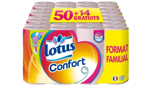 Lot de 64 rouleaux de papier toilette Lotus Confort (50 + 14 gratuits) à 9,10 € chez Intermarché