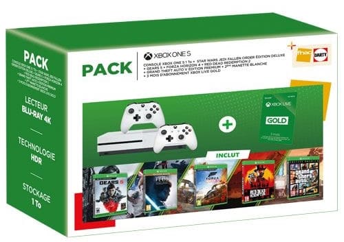 Pack Xbox One S + 6 jeux + une manette + 3 mois de live gold + une chaussette de Noël à 249,99 € sur la Fnac