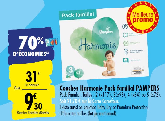 Pack familial de Pampers Harmonie à 9,30 € avec la carte Carrefour